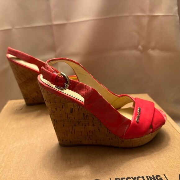 Coach Coral Orange Peep Toe Slingback Wedge Sandals 6.5 Cork Patent leather Logo - Picture 10 of 14